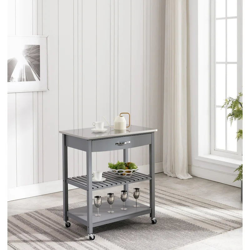 Rolling Kitchen Cart with Stainless Steel Top and Storage Drawer