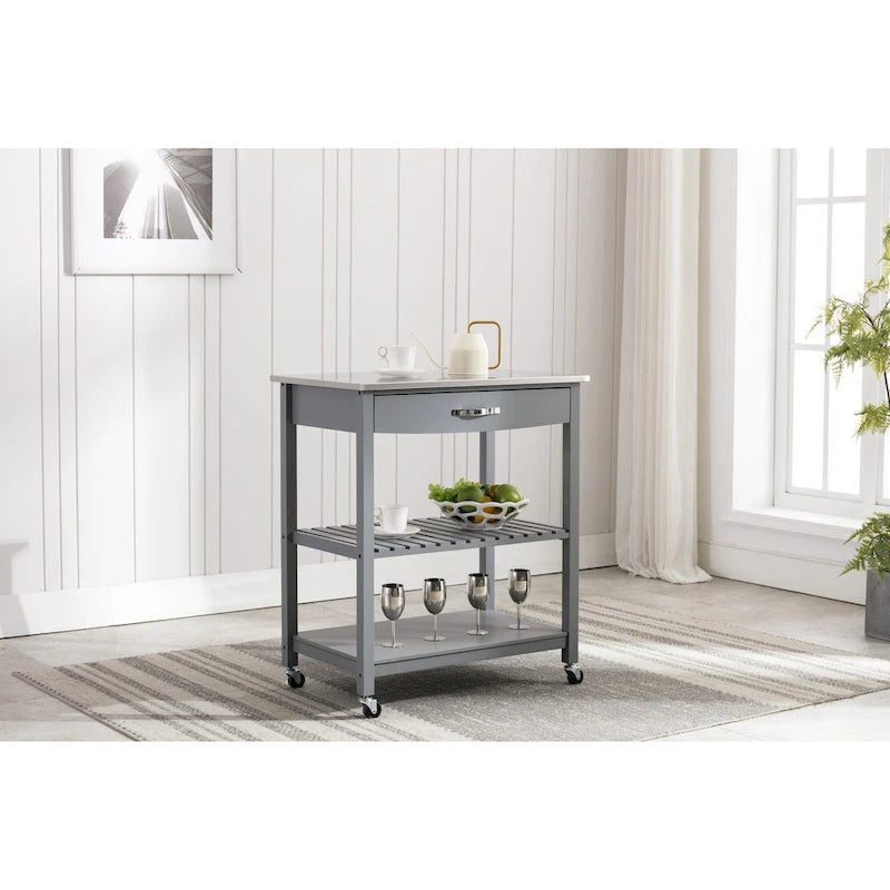 Rolling Kitchen Cart with Stainless Steel Top and Storage Drawer