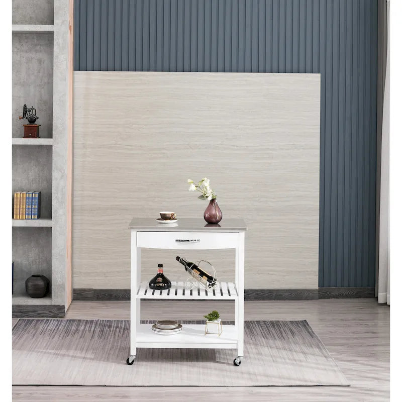 Rolling Kitchen Cart with Stainless Steel Top and Storage Drawer