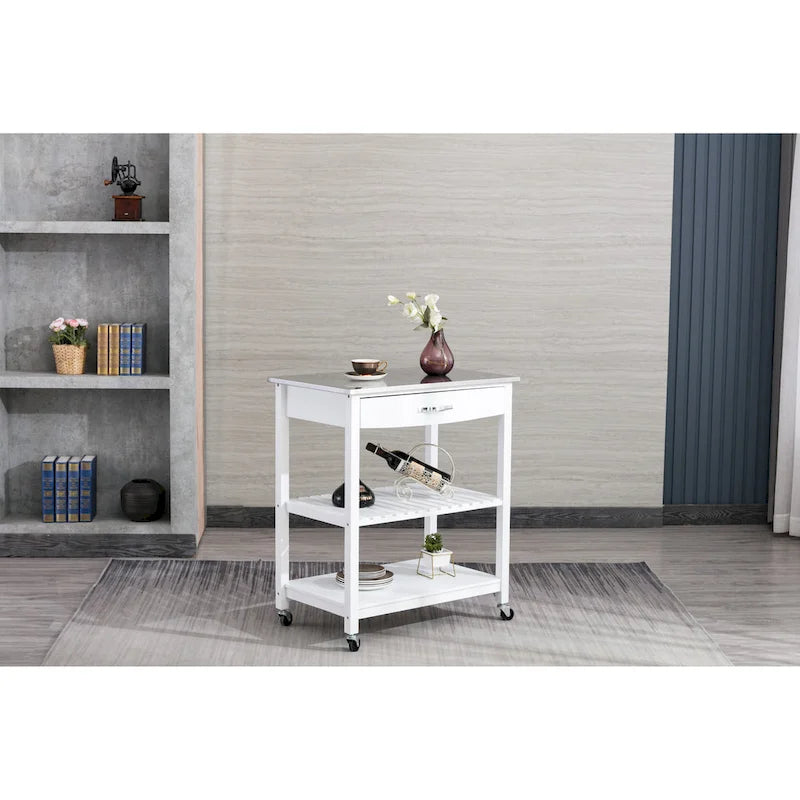 Rolling Kitchen Cart with Stainless Steel Top and Storage Drawer