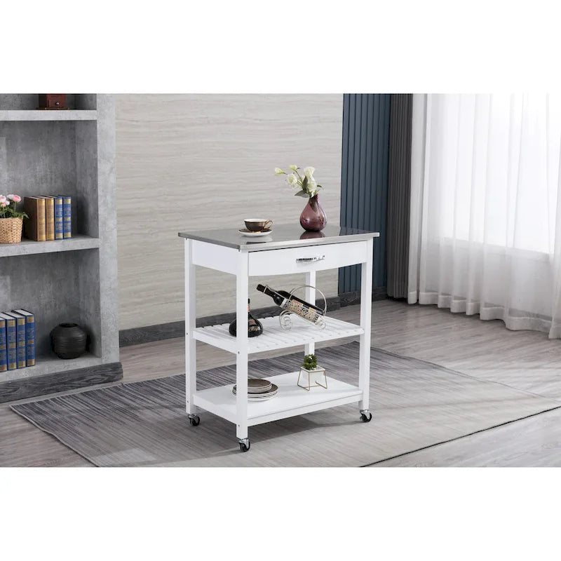 Rolling Kitchen Cart with Stainless Steel Top and Storage Drawer