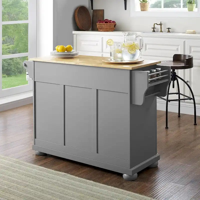 Vintage Gray Kitchen Island with Natural Wood Top and Storage