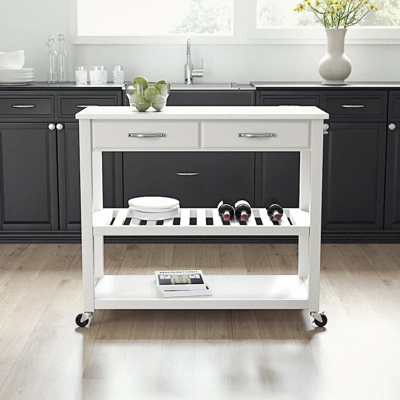 White Granite Top Rolling Kitchen Cart with Drawers and Shelves