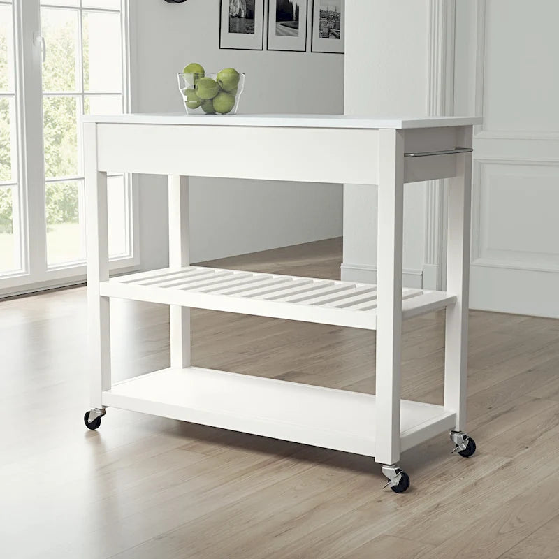 White Granite Top Rolling Kitchen Cart with Drawers and Shelves