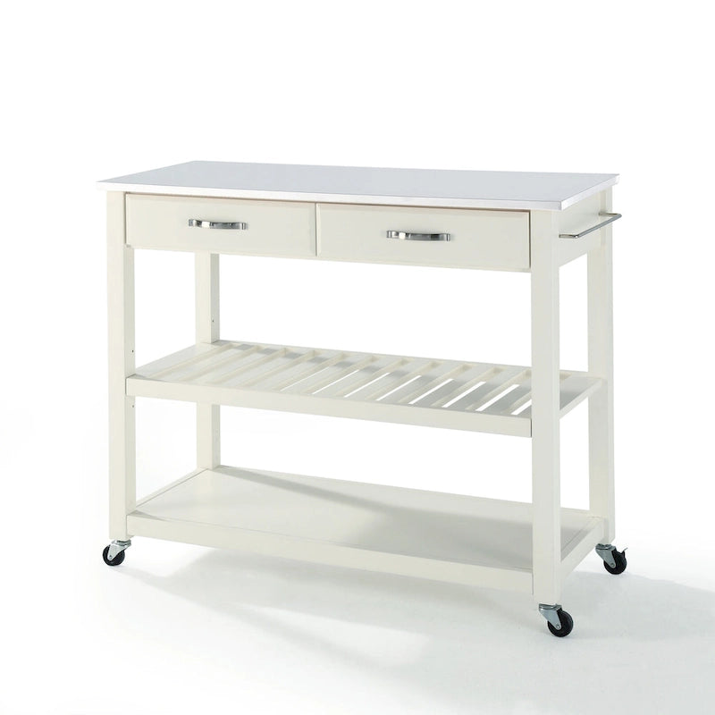 White Granite Top Rolling Kitchen Cart with Drawers and Shelves
