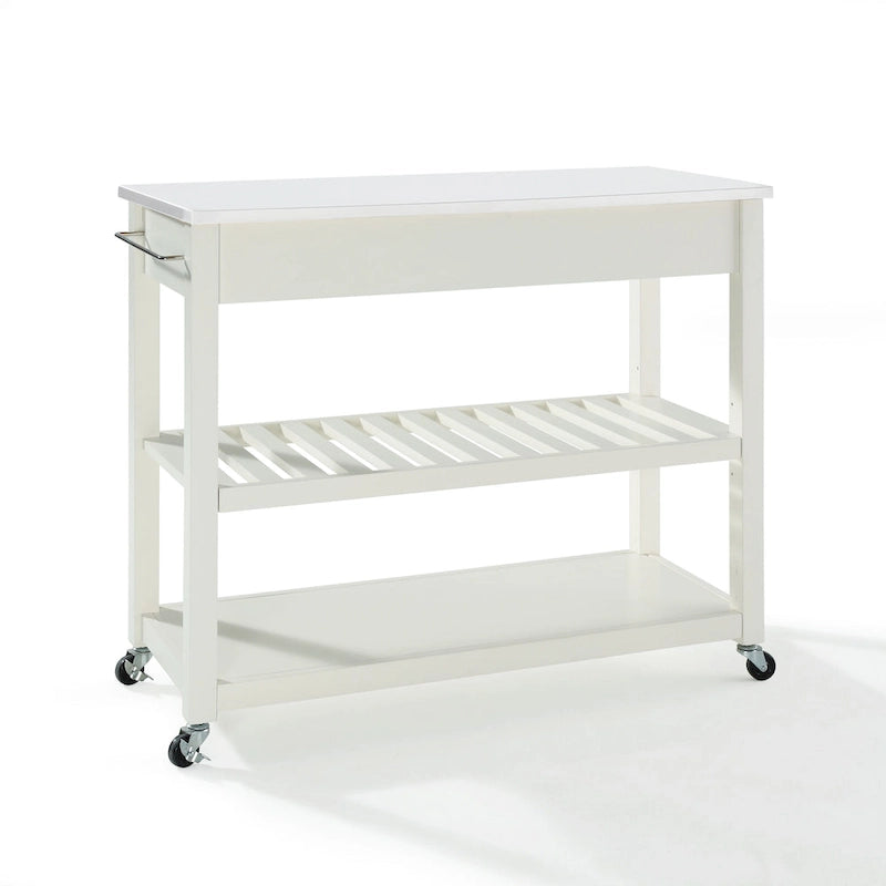 White Granite Top Rolling Kitchen Cart with Drawers and Shelves