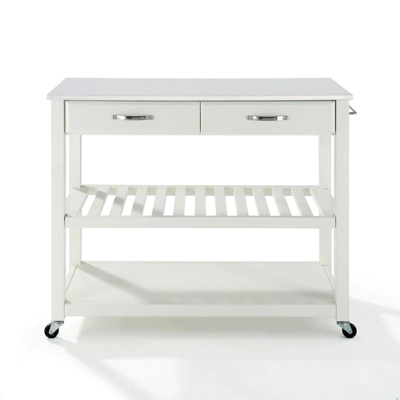 White Granite Top Rolling Kitchen Cart with Drawers and Shelves