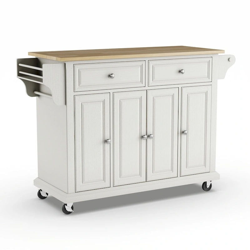 White Kitchen Cart with Natural Wood Top and Storage Cabinets