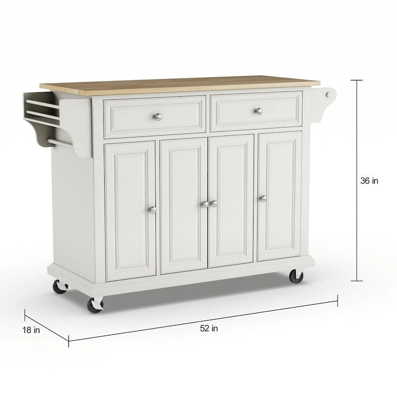 White Kitchen Cart with Natural Wood Top and Storage Cabinets