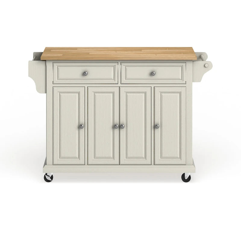 White Kitchen Cart with Natural Wood Top and Storage Cabinets