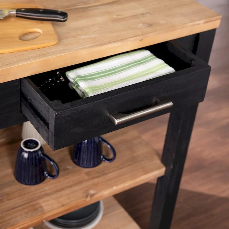 Black and Natural Acacia Kitchen Island with Drawers and Shelves