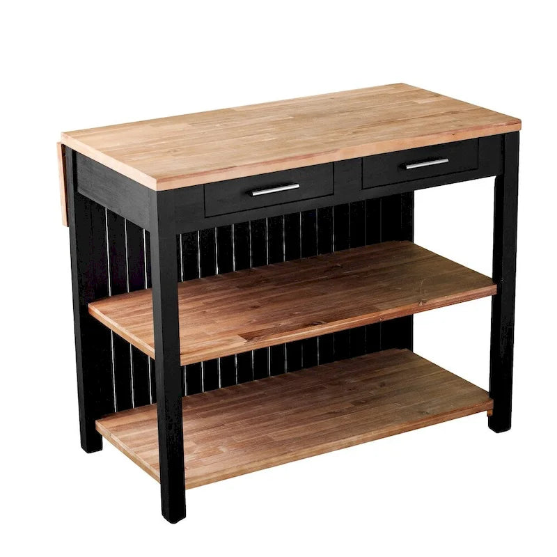 Black and Natural Acacia Kitchen Island with Drawers and Shelves
