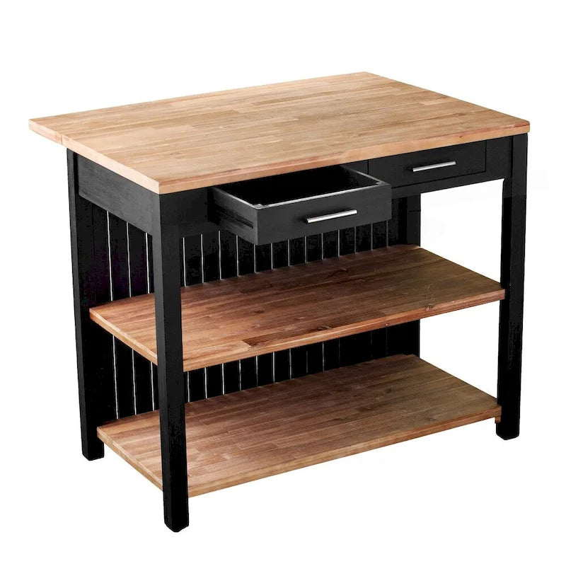 Black and Natural Acacia Kitchen Island with Drawers and Shelves