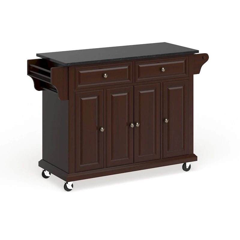 Mahogany Brown Kitchen Cart with Black Granite Top and Storage