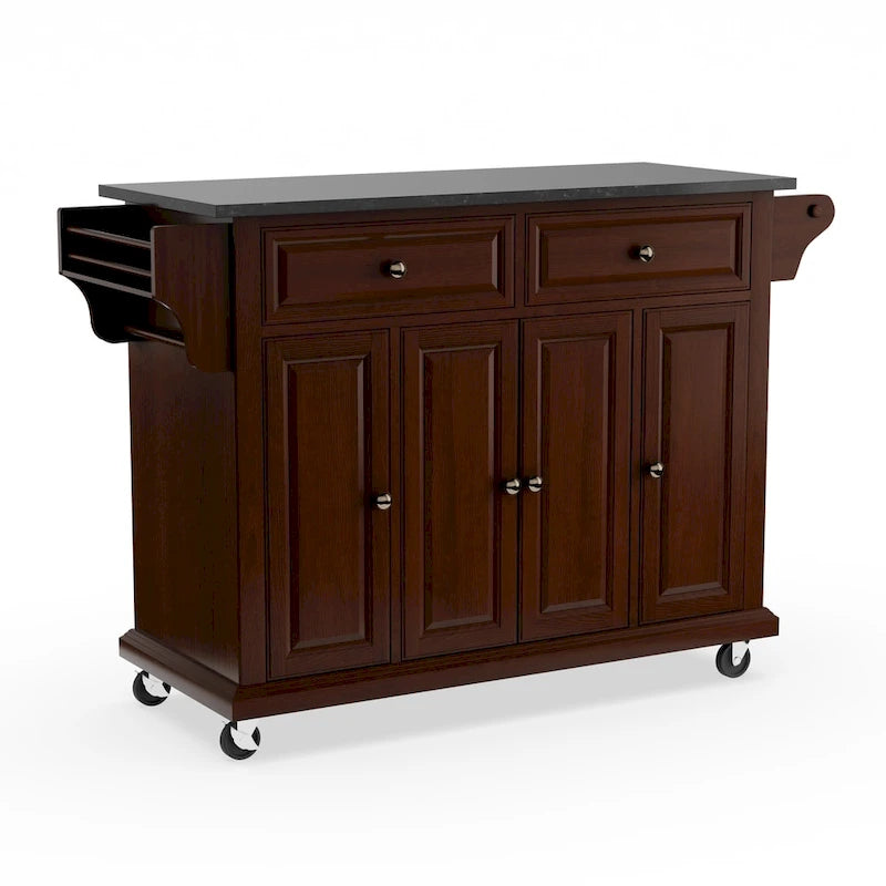 Mahogany Brown Kitchen Cart with Black Granite Top and Storage