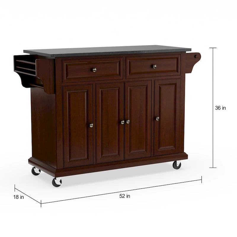 Mahogany Brown Kitchen Cart with Black Granite Top and Storage