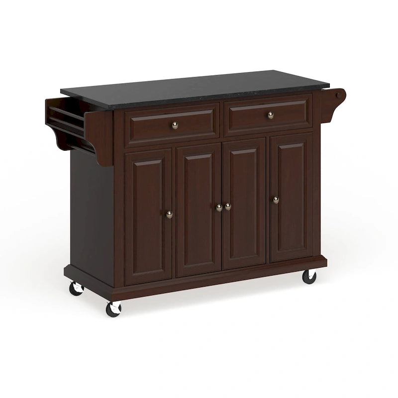 Mahogany Brown Kitchen Cart with Black Granite Top and Storage