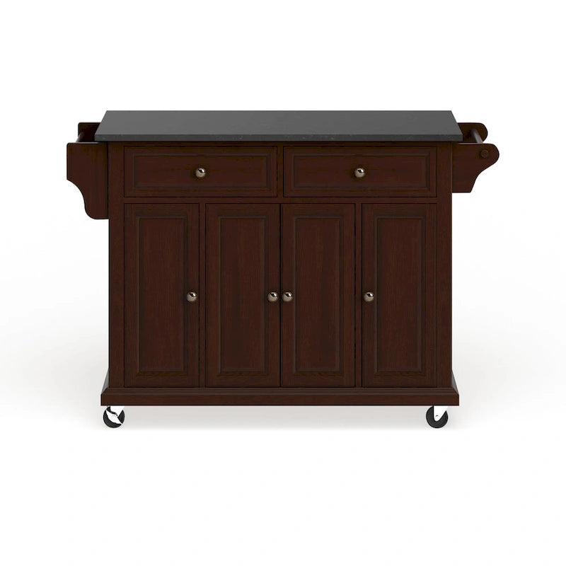 Mahogany Brown Kitchen Cart with Black Granite Top and Storage
