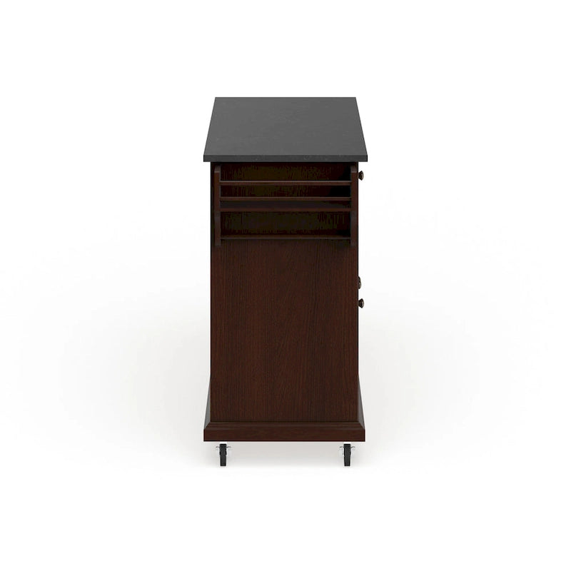 Mahogany Brown Kitchen Cart with Black Granite Top and Storage