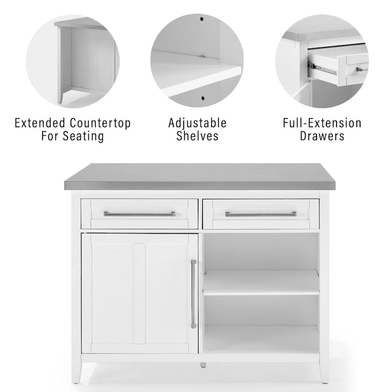 White Kitchen Island with Stainless Steel Countertop and Storage Drawers