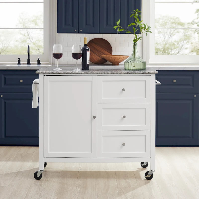 White Granite Top Kitchen Island with Drawers and Storage Cabinet