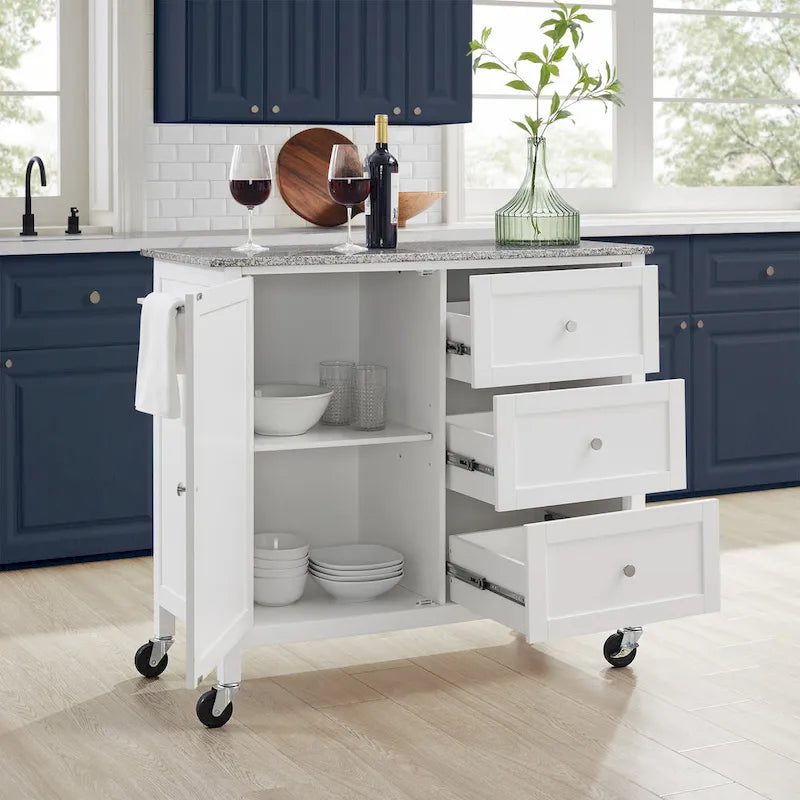 White Granite Top Kitchen Island with Drawers and Storage Cabinet