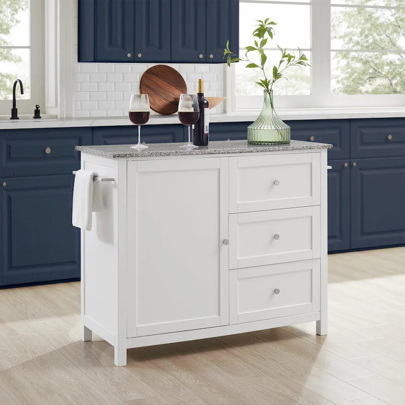 White Granite Top Kitchen Island with Drawers and Storage Cabinet