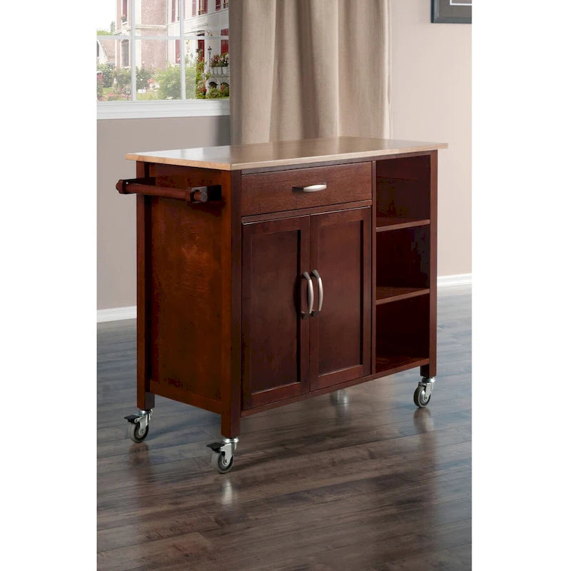 Walnut and Natural Wood Rolling Kitchen Cart with Storage Cabinet