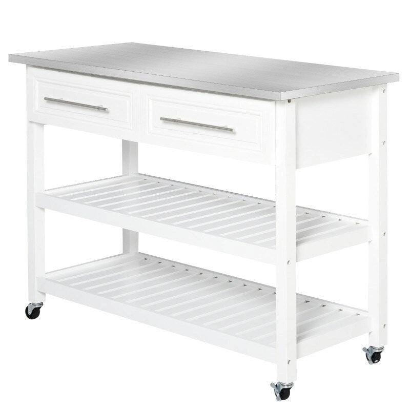 White Rolling Kitchen Island 2 Drawers Storage with Stainless Steel Top - 47.25L x 19.75W x 36 H