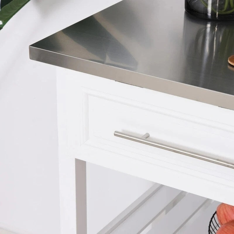 Isla de cocina blanca con ruedas y 2 cajones de almacenamiento, con superficie de acero inoxidable - 47.25L x 19.75W x 36 H