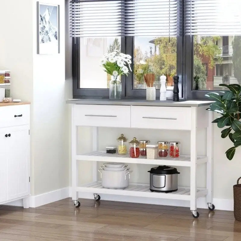 Isla de cocina blanca con ruedas y 2 cajones de almacenamiento, con superficie de acero inoxidable - 47.25L x 19.75W x 36 H