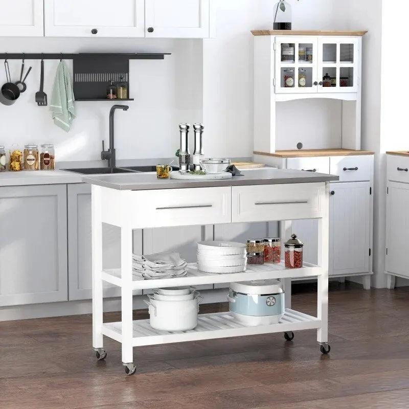 Isla de cocina blanca con ruedas y 2 cajones de almacenamiento, con superficie de acero inoxidable - 47.25L x 19.75W x 36 H