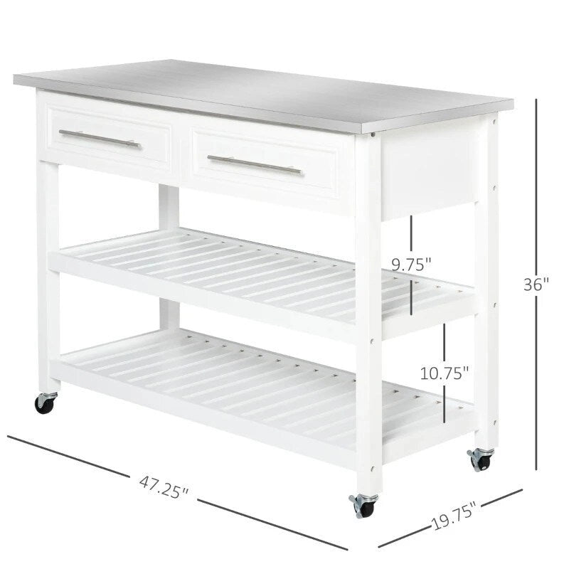 Isla de cocina blanca con ruedas y 2 cajones de almacenamiento, con superficie de acero inoxidable - 47.25L x 19.75W x 36 H