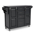Black Solid Wood Kitchen Cart with Granite Top and Storage