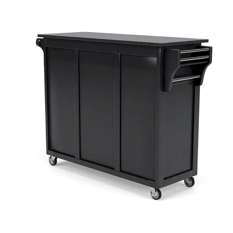 Black Solid Wood Kitchen Cart with Granite Top and Storage