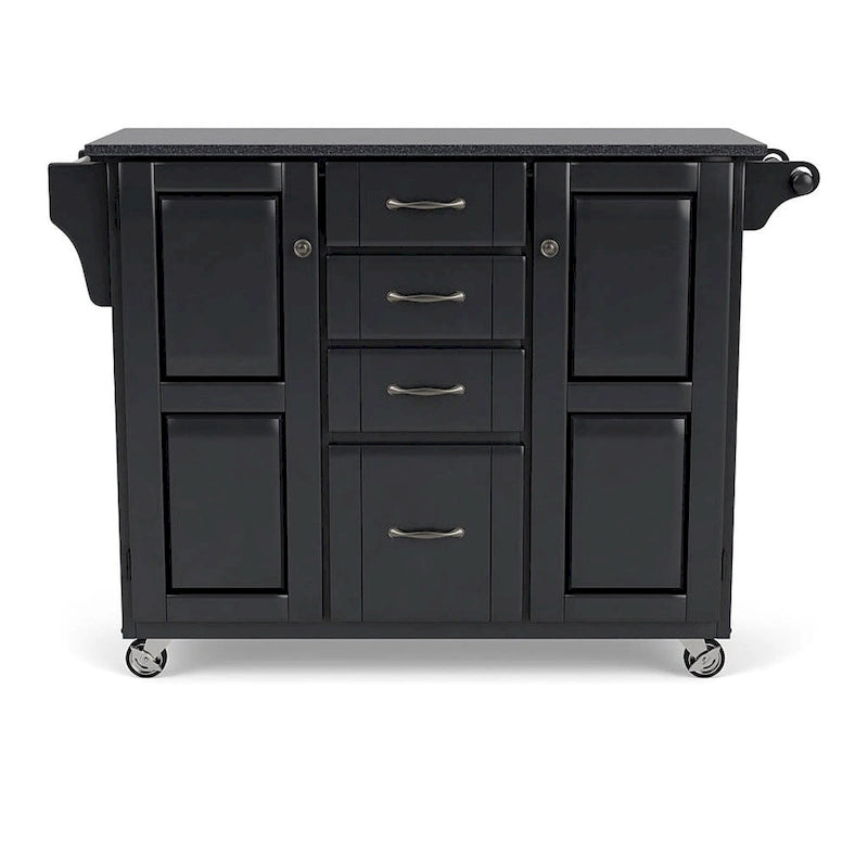 Black Solid Wood Kitchen Cart with Granite Top and Storage