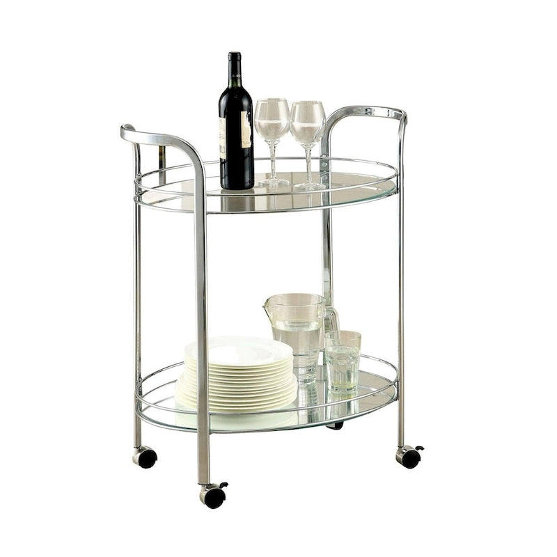 Contemporary Silver Chrome Serving Cart with Two Glass Shelves and Wheels