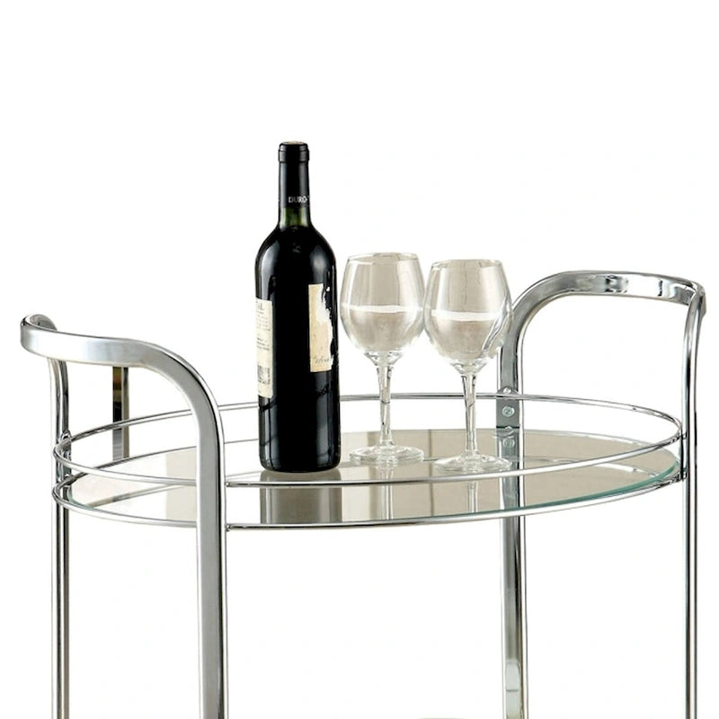 Contemporary Silver Chrome Serving Cart with Two Glass Shelves and Wheels