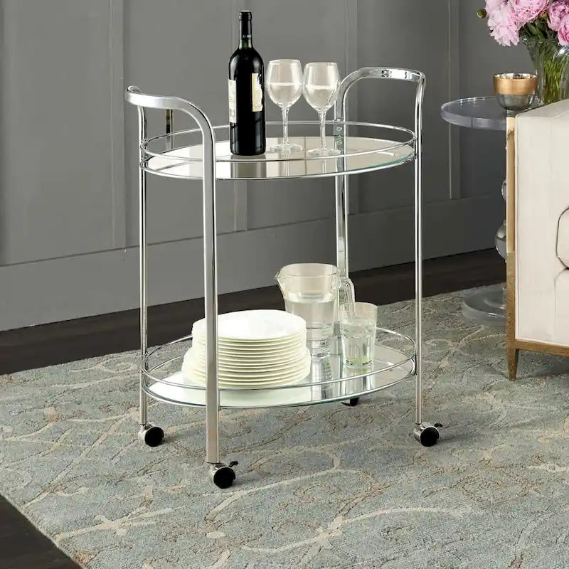Contemporary Silver Chrome Serving Cart with Two Glass Shelves and Wheels