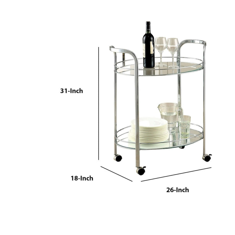 Contemporary Silver Chrome Serving Cart with Two Glass Shelves and Wheels