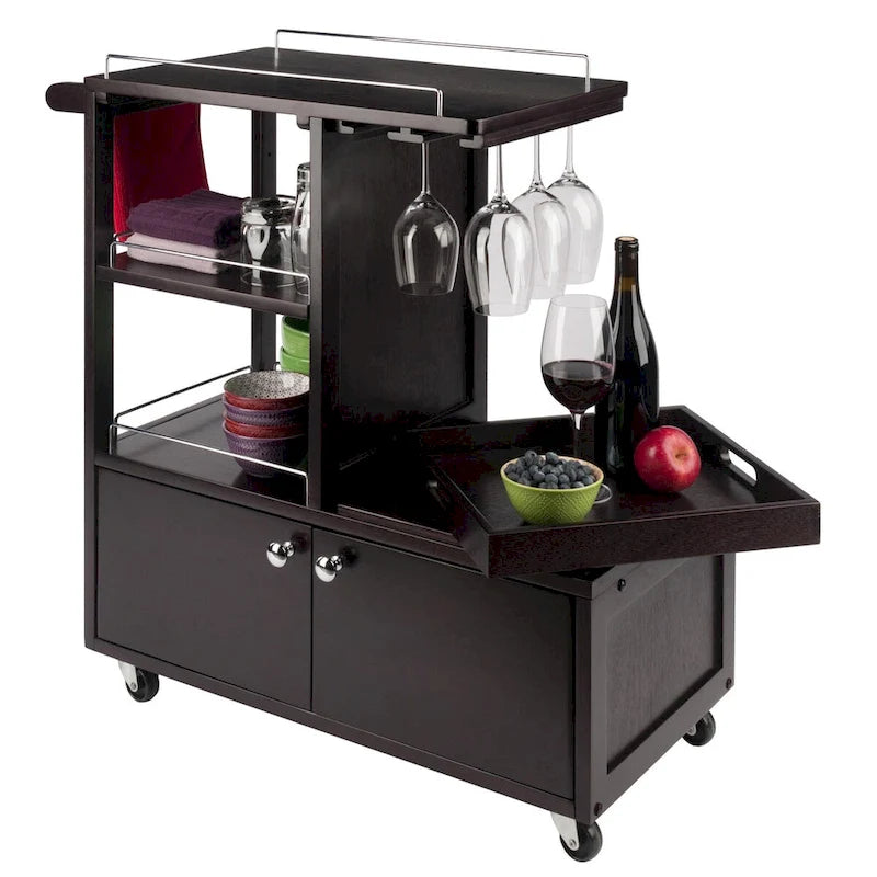 Espresso Wood Rolling Bar Cart with Cabinet and Metal Accents