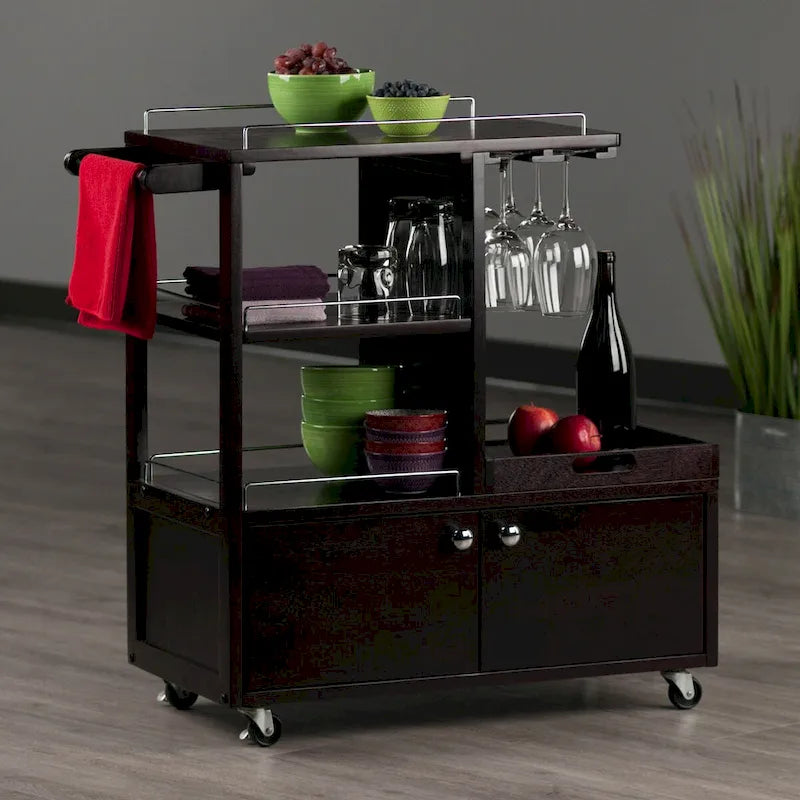 Rollbarer Barwagen aus Espressobraunem Holz mit Schrank und Metallakzenten