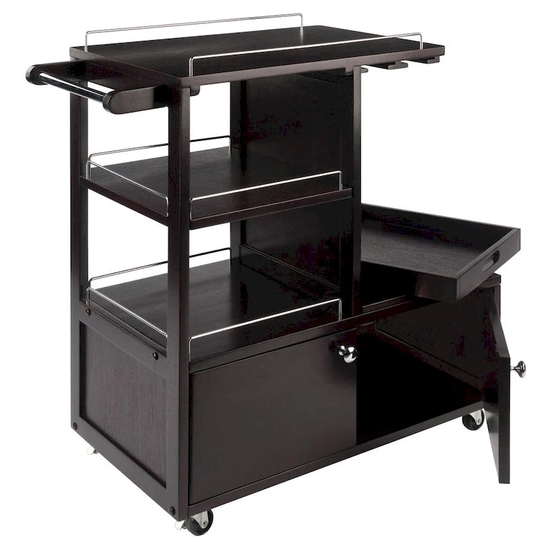 Rollbarer Barwagen aus Espressobraunem Holz mit Schrank und Metallakzenten