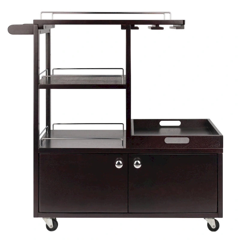 Espresso Wood Rolling Bar Cart with Cabinet and Metal Accents