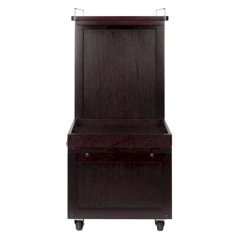 Rollbarer Barwagen aus Espressobraunem Holz mit Schrank und Metallakzenten