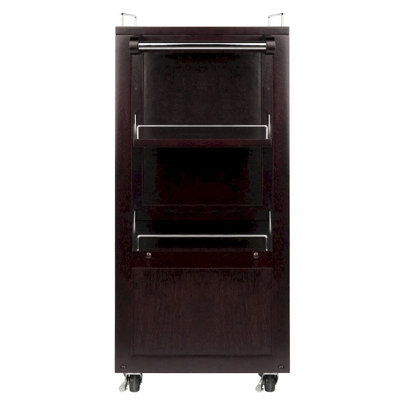 Rollbarer Barwagen aus Espressobraunem Holz mit Schrank und Metallakzenten