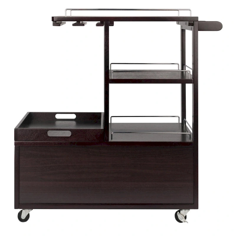 Rollbarer Barwagen aus Espressobraunem Holz mit Schrank und Metallakzenten