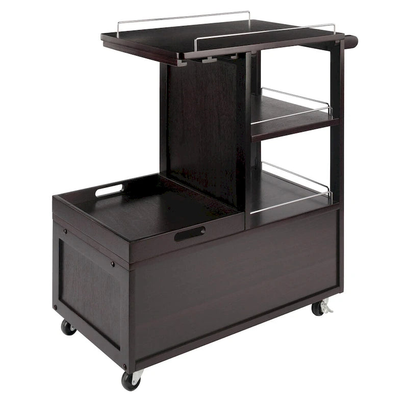 Rollbarer Barwagen aus Espressobraunem Holz mit Schrank und Metallakzenten