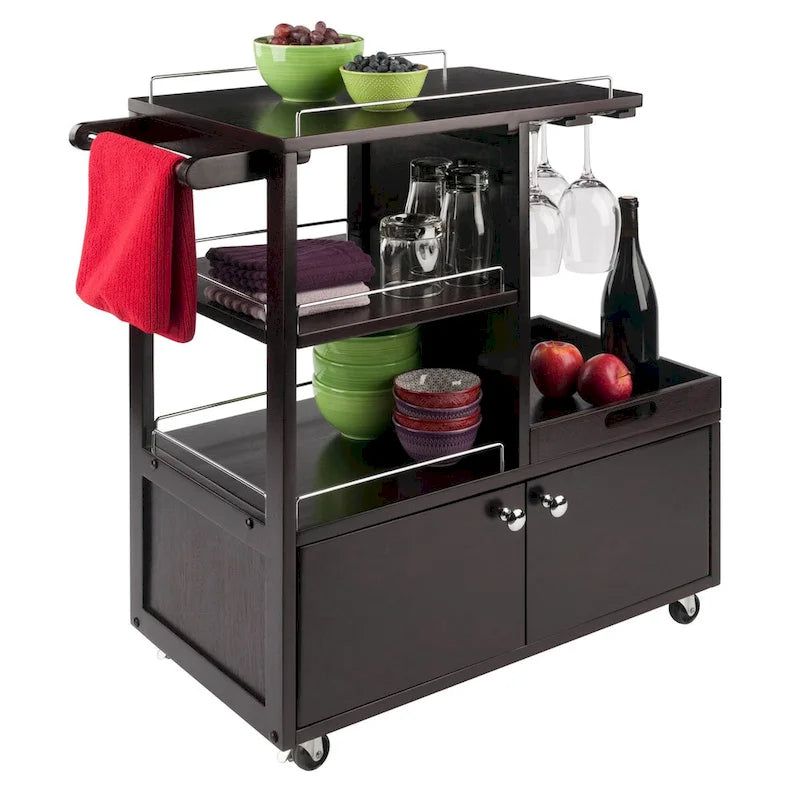 Rollbarer Barwagen aus Espressobraunem Holz mit Schrank und Metallakzenten