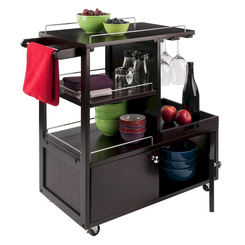 Rollbarer Barwagen aus Espressobraunem Holz mit Schrank und Metallakzenten